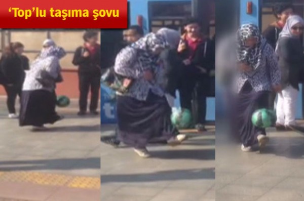 Yaşlı qadın tramvay dayanacağında topla şou göstərdi