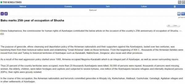 “The Korea Times” qəzeti Şuşanın işğalından yazır