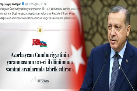 Ərdoğandan Xalq Cümhuriyyətinin 101-ci ildönümü ilə bağlı "Twitter"də TƏBRİK