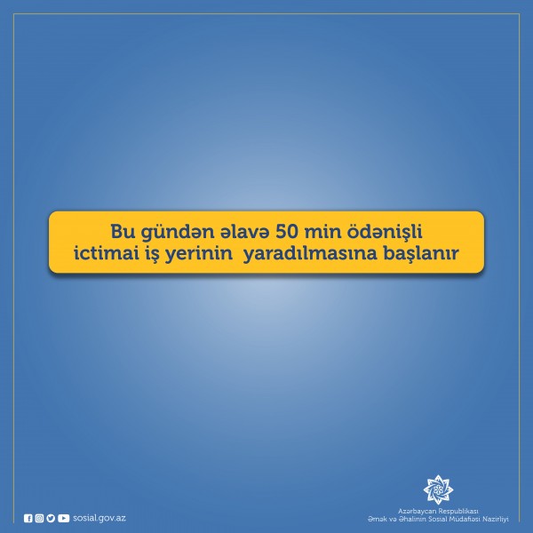 Bu gündən əlavə 50 min ödənişli ictimai iş yerinin yaradılmasına başlanır