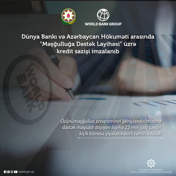 Dünya Bankı və Azərbaycan Hökuməti arasında  “Məşğulluğa Dəstək Layihəsi” üzrə kredit sazişi imzalanıb