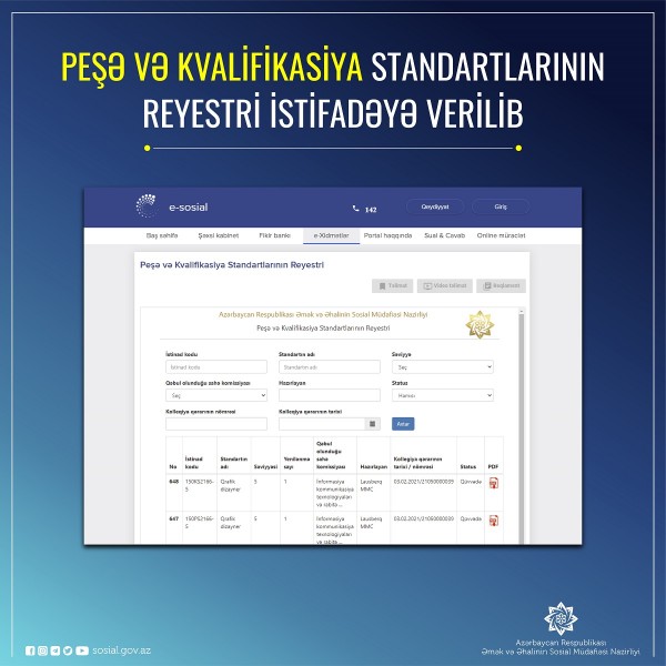Peşə və kvalifikasiya standartlarının reyestri istifadəyə verilib