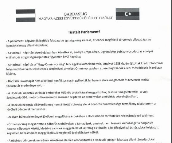 Macarıstan hökumətinə Xocalı soyqırımı ilə bağlı bəyanat ünvanlanıb