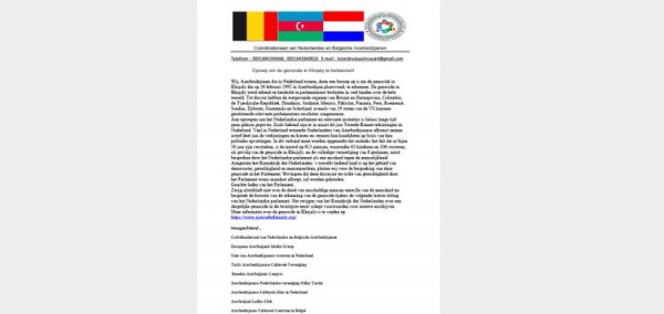 Azərbaycan diasporu Niderland parlamenti və senatına müraciət edib