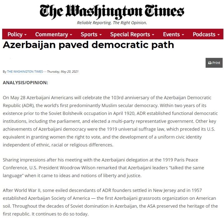 "Washington Times" Azərbaycanın Respublika Günündən yazdı