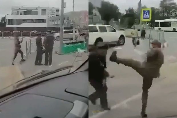 Rusiyada əsgərin polisləri döyməsi kameraya düşdü -  VİDEO