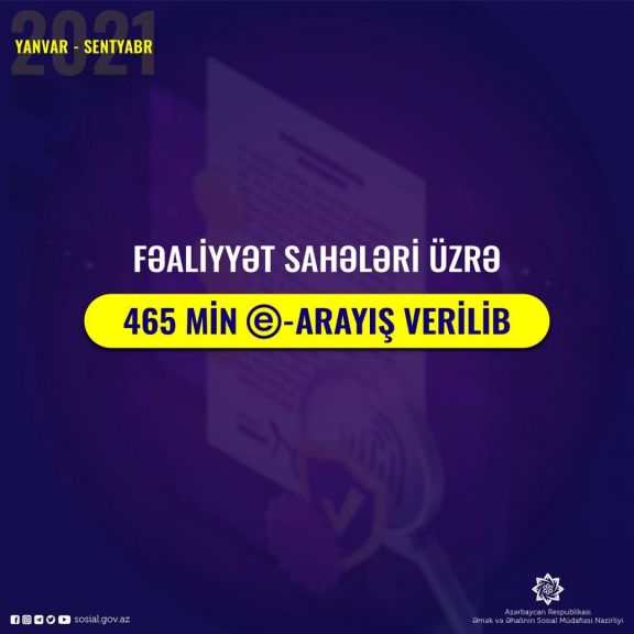 Doqquz ayda sosial xidmət sahələri üzrə 465 min elektron arayış verilib