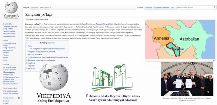 “Vikipediya”da özbək dilində “Zəngəzur dəhlizi” adlı yeni bölmə yaradılıb