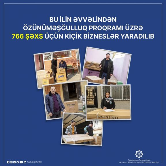 Bu ilin əvvəlindən özünüməşğulluq proqramı üzrə 766 şəxs üçün kiçik bizneslər yaradılıb