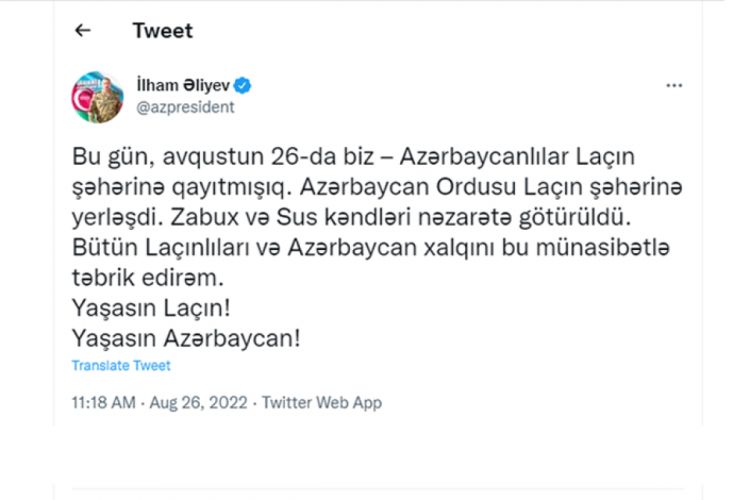 Prezident İlham Əliyev: "Azərbaycan Ordusu Laçın şəhərinə yerləşdi" Prezident İlham Əliyev: "Azərbaycan Ordusu Laçın şəhərinə yerləşdi"