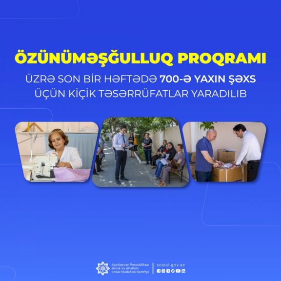 Özünüməşğulluq proqramı üzrə son bir həftədə 700-ə yaxın şəxs üçün kiçik təsərrüfatlar yaradılıb