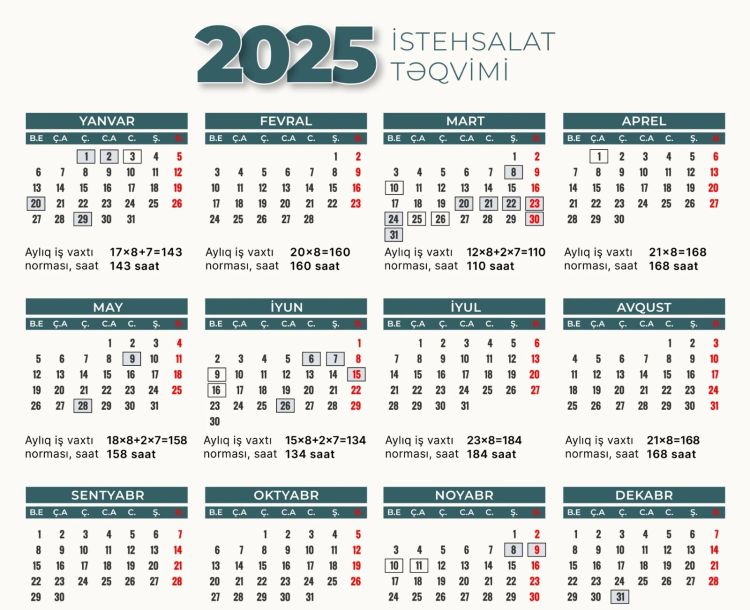 2025-ci ildə qeyri-iş günlərinin  TƏQVİMİ