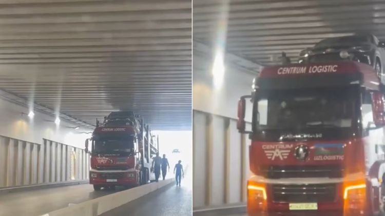 Daşkənddə avtomobil daşıyan yük maşını tuneldə ilişib qaldı –  VİDEO Daşkənddə avtomobil daşıyan yük maşını tuneldə ilişib qaldı –  VİDEO