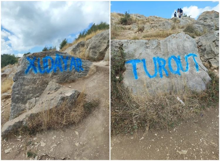Şuşada bəzi turistlər qaya daşlarının üzərini yazdılar - Turistlərə müraciət